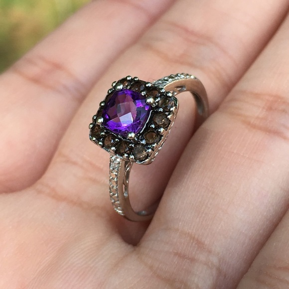 10k Solid White Gold Amethyst & Smokey Quartz Ring - Picture 8 of 15